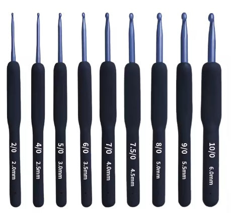Set of ten soft grip ergonomic crochet hooks with black rubberised handles, displayed in sizes ranging from 2.0mm to 6.0mm in a row.