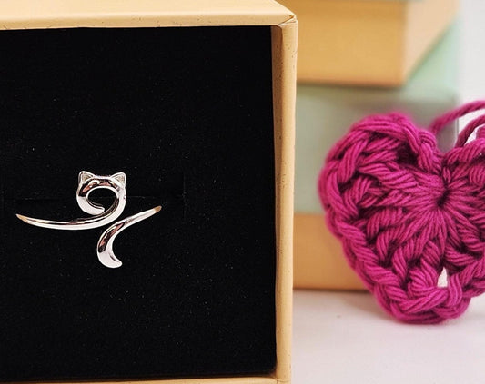 Silver Cat Crochet Tension Ring With Gift Box